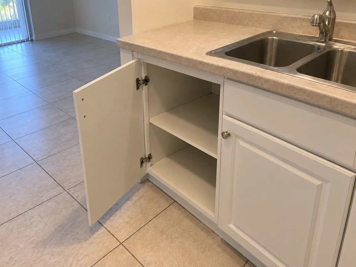 After: the same open kitchen base cabinet with clean shelves below the double stainless steel sink and the same tiled floor.